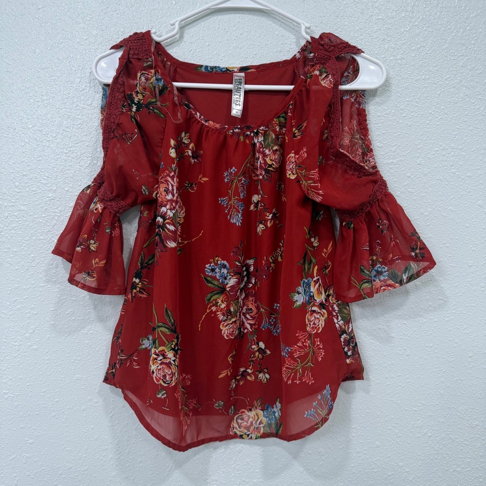 Beautees Red Floral Cold Shoulder Bell Sleeve Blouse Top Medium K0977610K